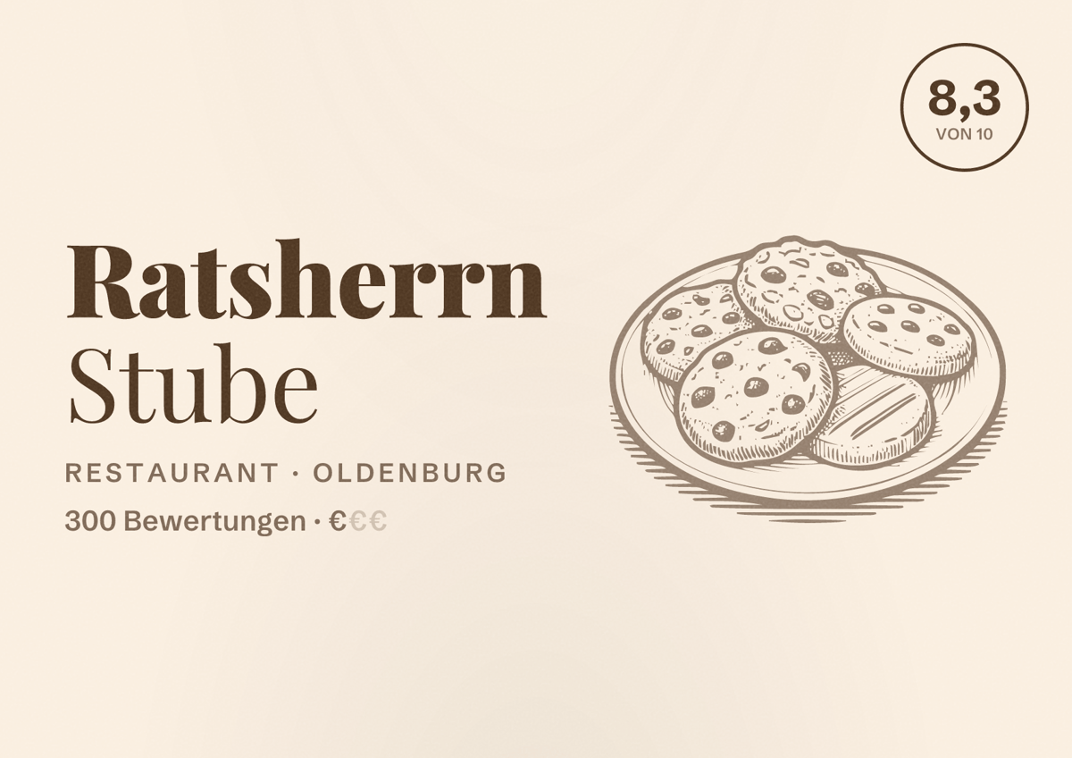 Illustriertes Poster von Ratsherrn Stube, Restaurant in Oldenburg: Bewertung 8,3 von 10 aus 300 Bewertungen, Preisniveau €