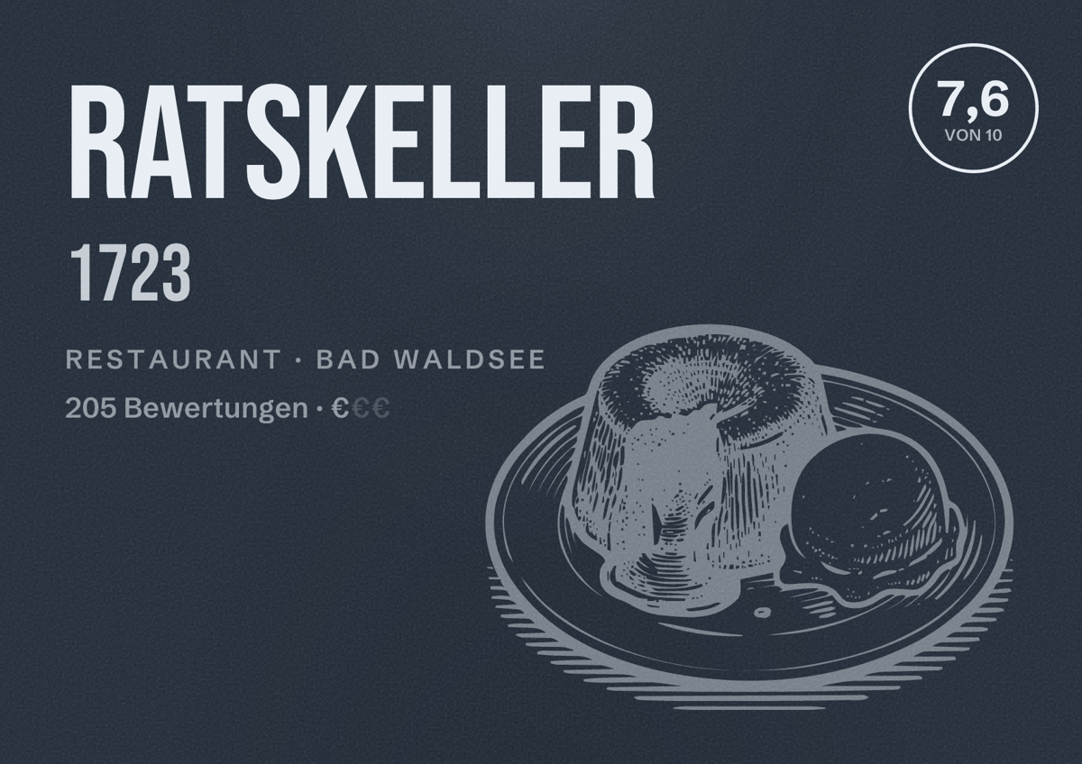 Illustriertes Poster von Ratskeller 1723, Restaurant in Bad Waldsee: Bewertung 7,6 von 10 aus 205 Bewertungen, Preisniveau €