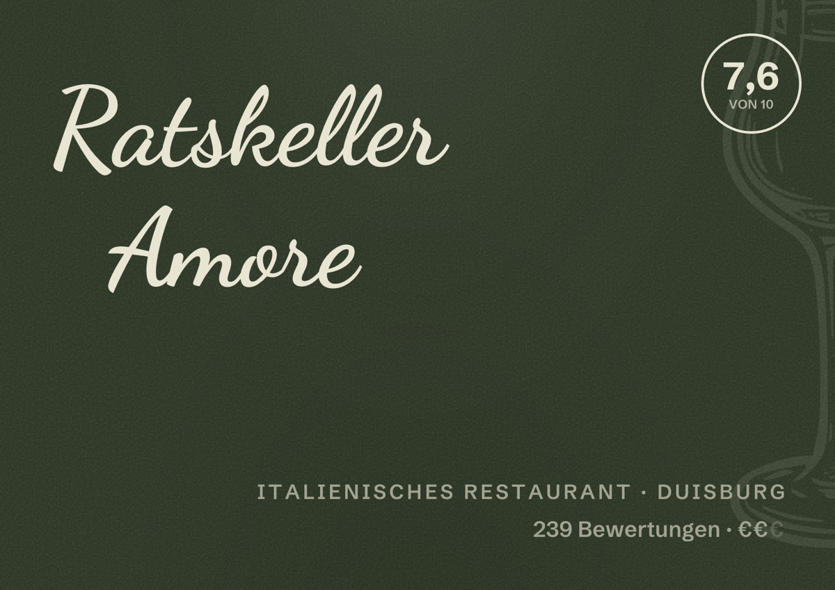 Illustriertes Poster von Ratskeller Amore, Italienisches Restaurant in Duisburg: Gästebewertung 7,6 von 10 aus 239 Bewertungen