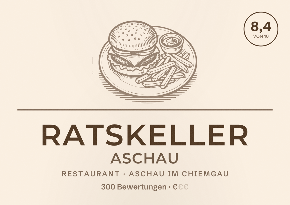Illustriertes Poster von Ratskeller Aschau, Restaurant in Aschau im Chiemgau: Bewertung 8,4 von 10 aus 300 Bewertungen, Preisniveau €