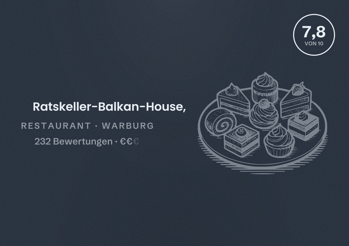 Illustriertes Poster von Ratskeller-Balkan-House,, Restaurant in Warburg: Bewertung 7,8 von 10 aus 232 Bewertungen, Preisniveau €€