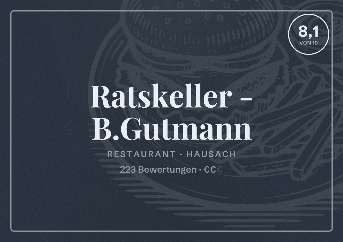 Illustriertes Poster von Ratskeller - B.Gutmann, Restaurant in Hausach: Bewertung 8,1 von 10 aus 223 Bewertungen, Preisniveau €€