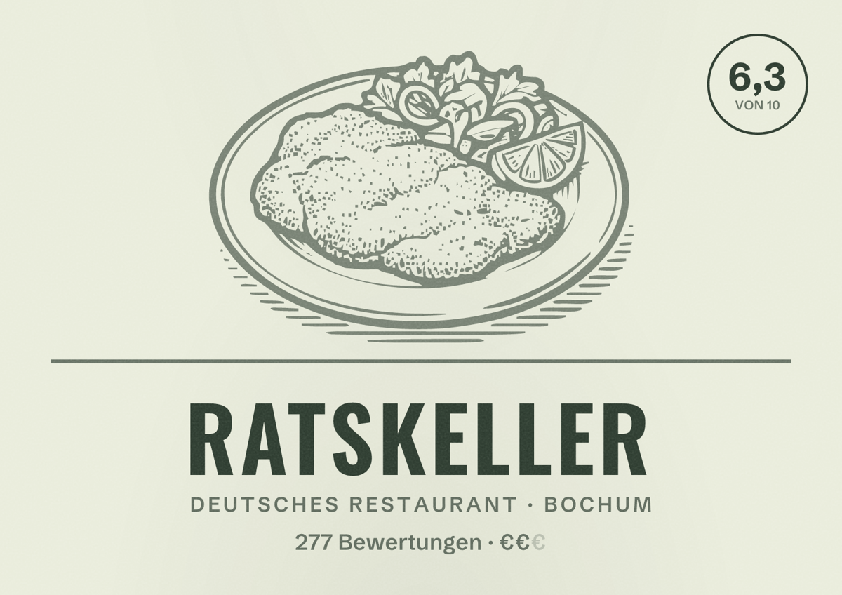 Illustriertes Poster von Ratskeller, Deutsches Restaurant in Bochum: Bewertung 6,3 von 10 aus 277 Bewertungen, Preisniveau €€