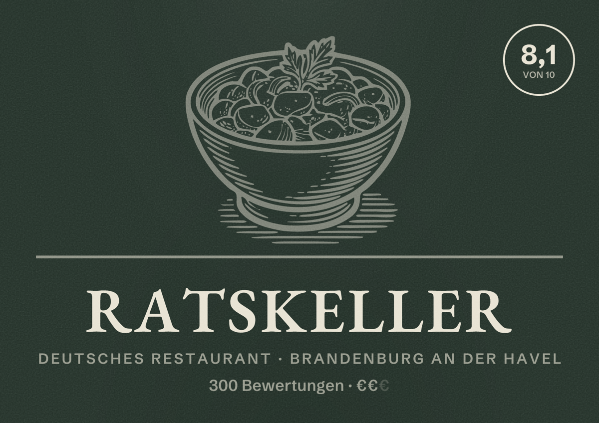 Illustriertes Poster von Ratskeller, Deutsches Restaurant in Brandenburg an der Havel: Bewertung 8,1 von 10 aus 300 Bewertungen, Preisniveau €€