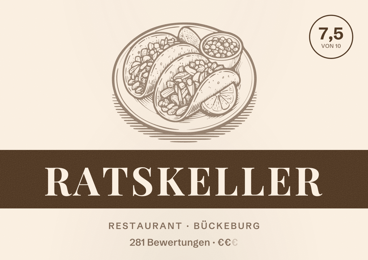 Illustriertes Poster von Ratskeller, Restaurant in Bückeburg: Bewertung 7,5 von 10 aus 281 Bewertungen, Preisniveau €€