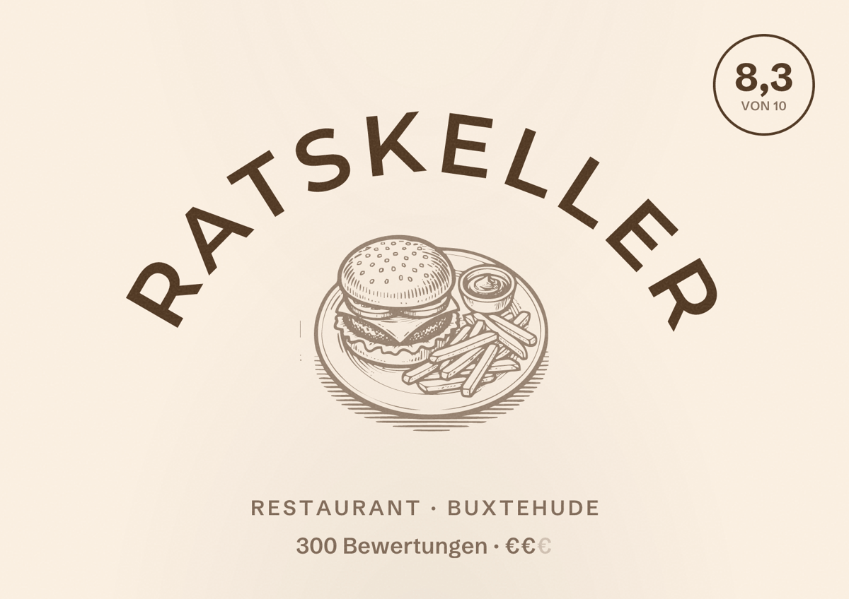 Illustriertes Poster von Ratskeller, Restaurant in Buxtehude: Bewertung 8,3 von 10 aus 300 Bewertungen, Preisniveau €€