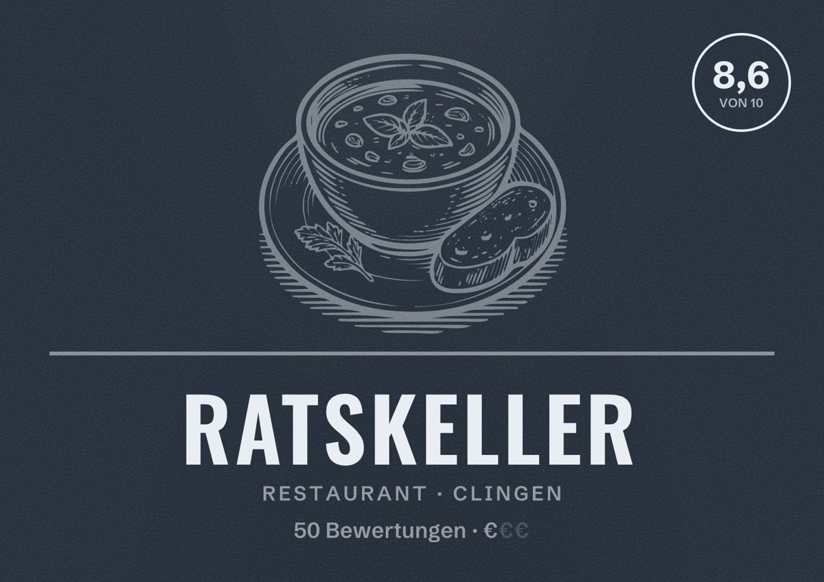 Illustriertes Poster von Ratskeller, Restaurant in Clingen: Bewertung 8,6 von 10 aus 50 Bewertungen, Preisniveau €