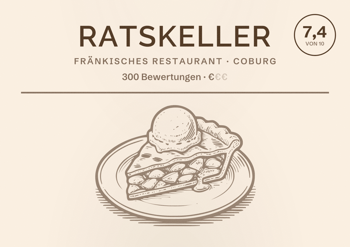 Illustriertes Poster von Ratskeller, Fränkisches Restaurant in Coburg: Bewertung 7,4 von 10 aus 300 Bewertungen, Preisniveau €