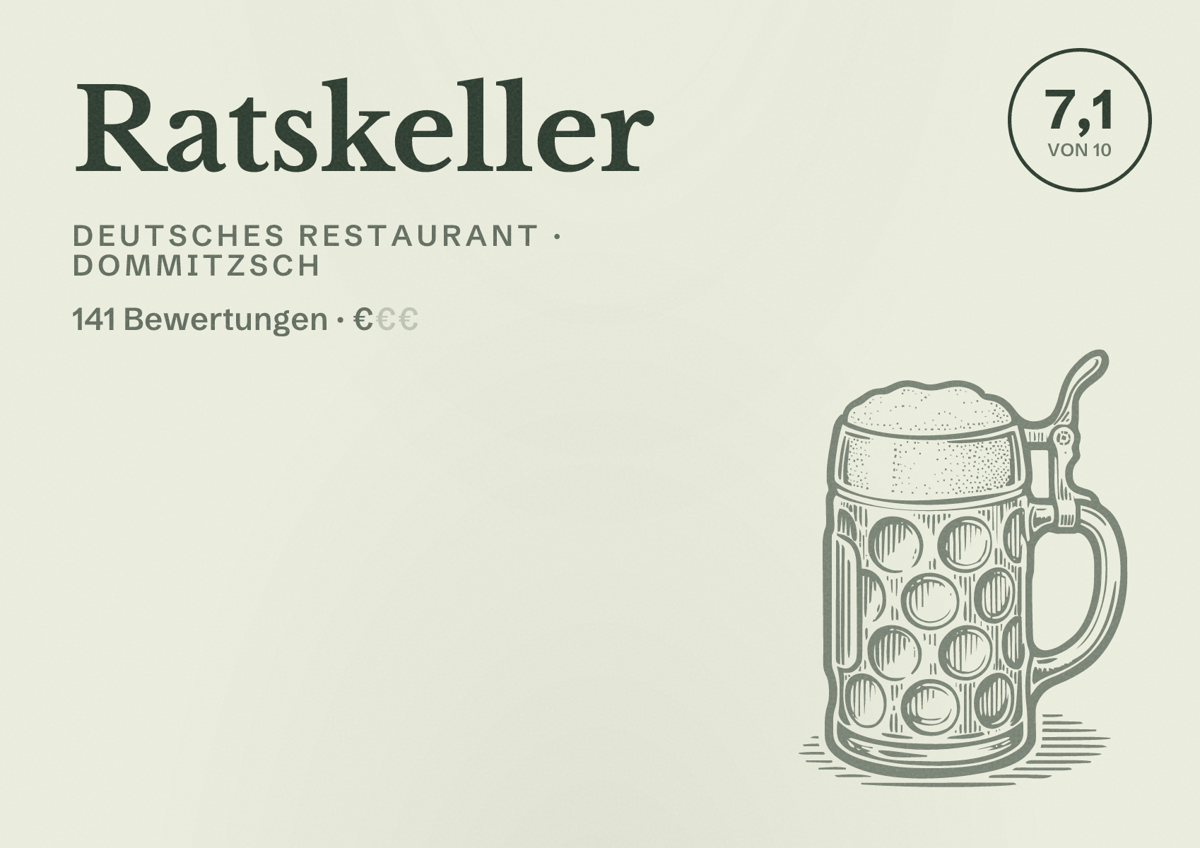 Illustriertes Poster von Ratskeller, Deutsches Restaurant in Dommitzsch: Bewertung 7,1 von 10 aus 141 Bewertungen, Preisniveau €