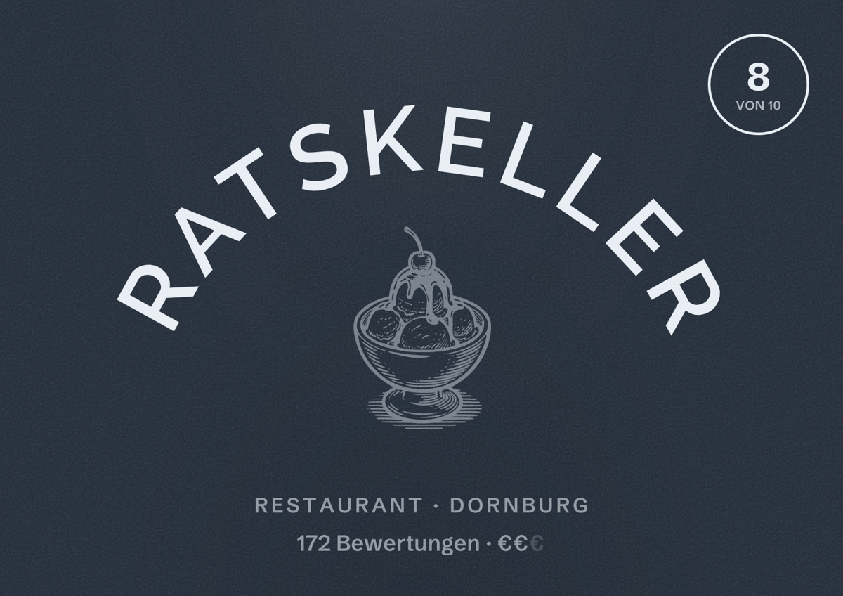 Illustriertes Poster von Ratskeller, Restaurant in Dornburg: Bewertung 8 von 10 aus 172 Bewertungen, Preisniveau €€