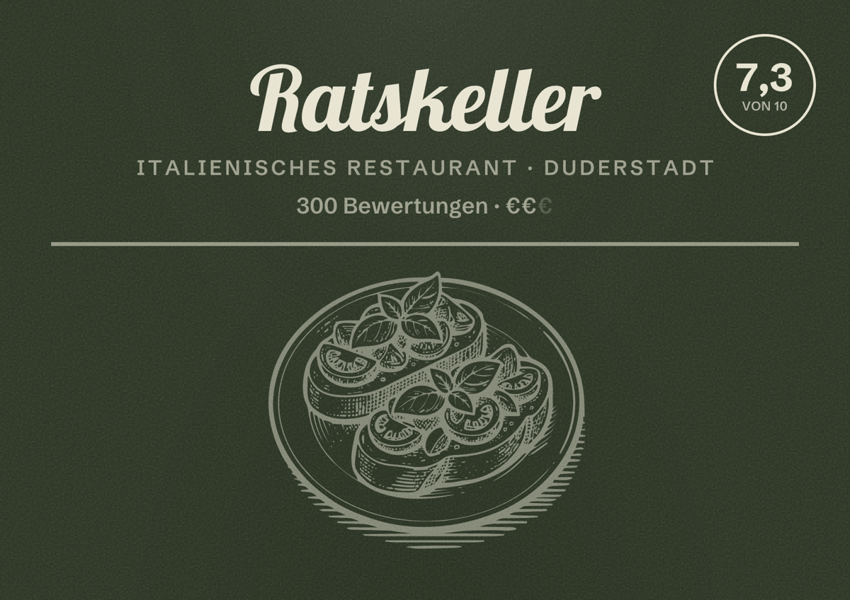 Illustriertes Poster von Ratskeller, Italienisches Restaurant in Duderstadt: Bewertung 7,3 von 10 aus 300 Bewertungen, Preisniveau €€