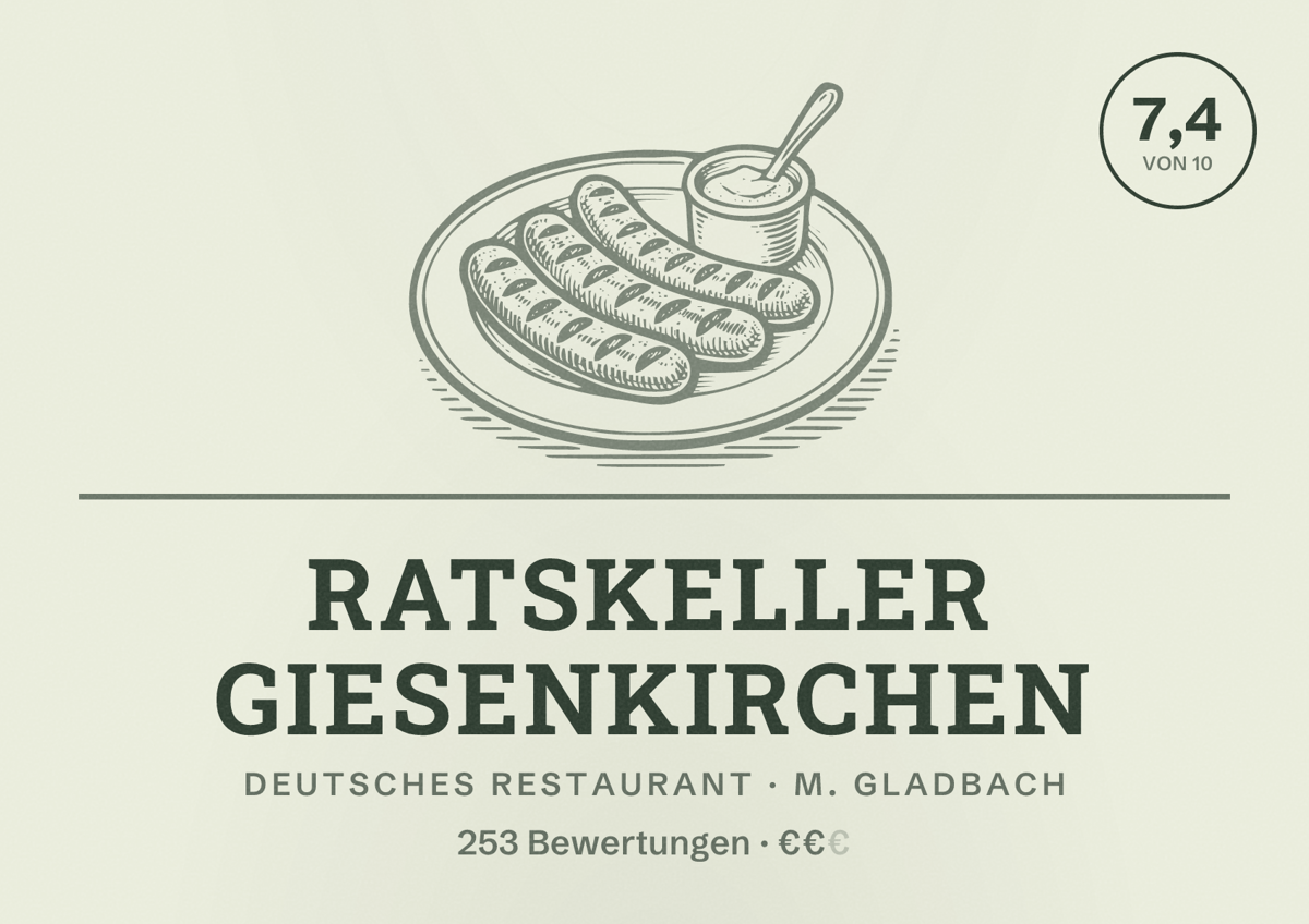Illustriertes Poster von Ratskeller Giesenkirchen, Deutsches Restaurant in M. Gladbach: Bewertung 7,4 von 10 aus 253 Bewertungen, Preisniveau €€
