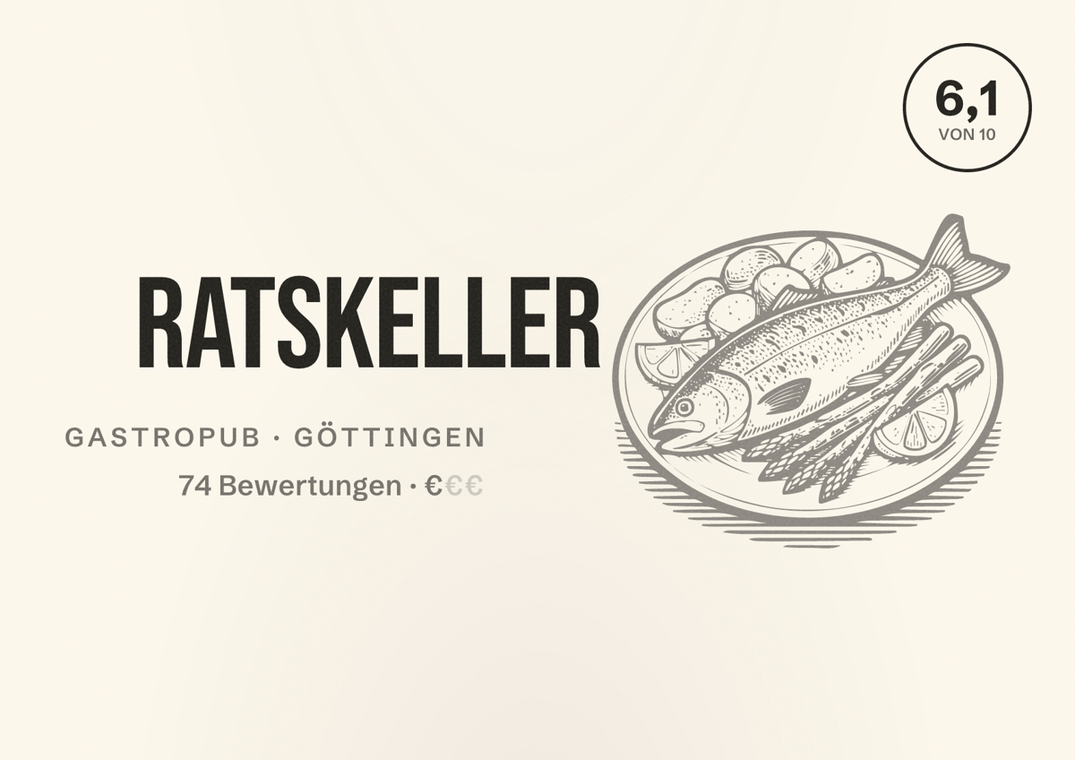 Illustriertes Poster von Ratskeller, Gastropub in Göttingen: Bewertung 6,1 von 10 aus 74 Bewertungen, Preisniveau €