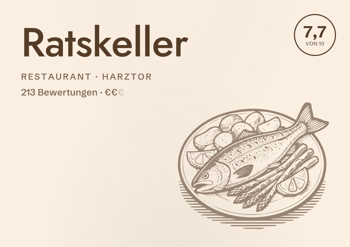 Illustriertes Poster von Ratskeller, Restaurant in Harztor: Bewertung 7,7 von 10 aus 213 Bewertungen, Preisniveau €€