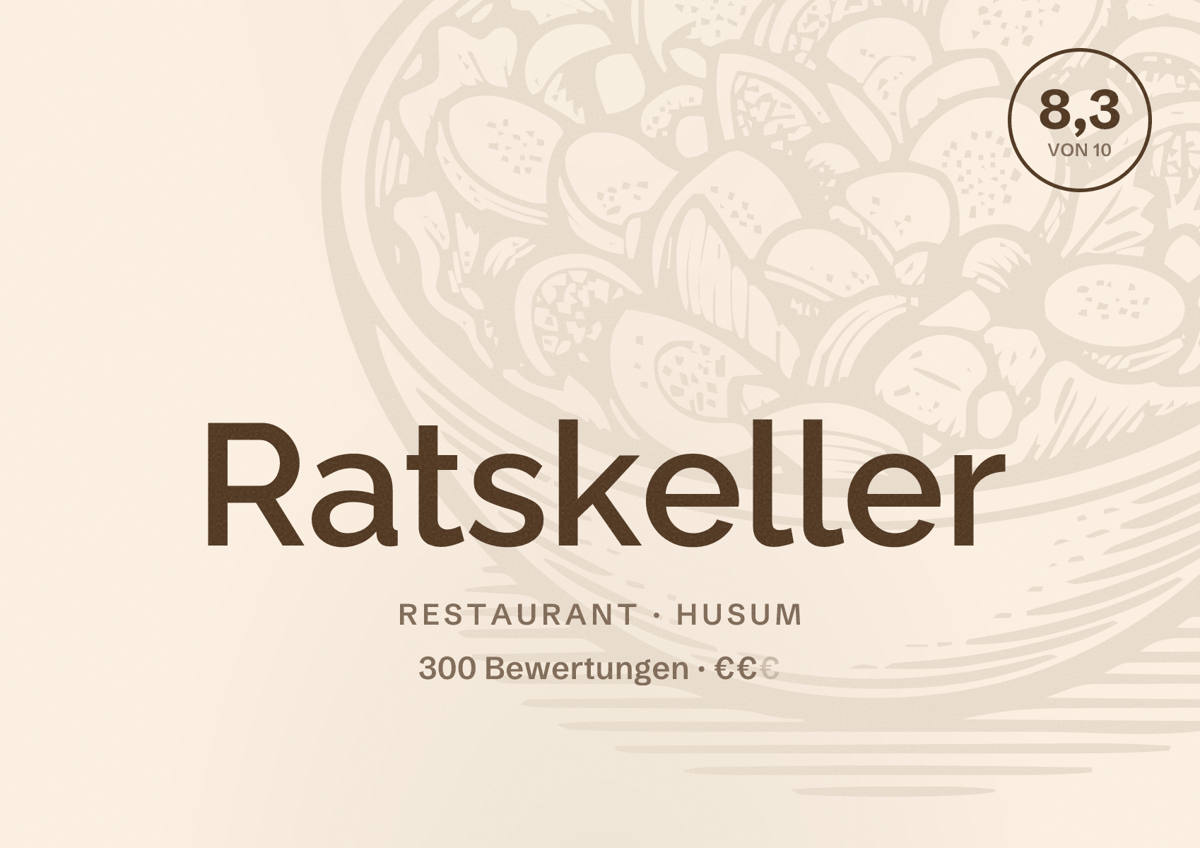 Illustriertes Poster von Ratskeller, Restaurant in Husum: Bewertung 8,3 von 10 aus 300 Bewertungen, Preisniveau €€