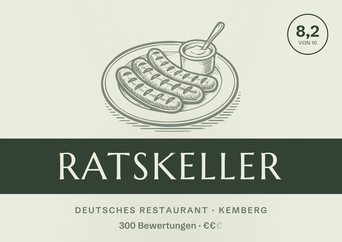 Illustriertes Poster von Ratskeller, Deutsches Restaurant in Kemberg: Bewertung 8,2 von 10 aus 300 Bewertungen, Preisniveau €€