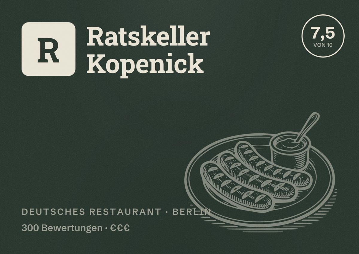 Illustriertes Poster von Ratskeller Kopenick, Deutsches Restaurant in Berlin: Bewertung 7,5 von 10 aus 300 Bewertungen, Preisniveau €€€