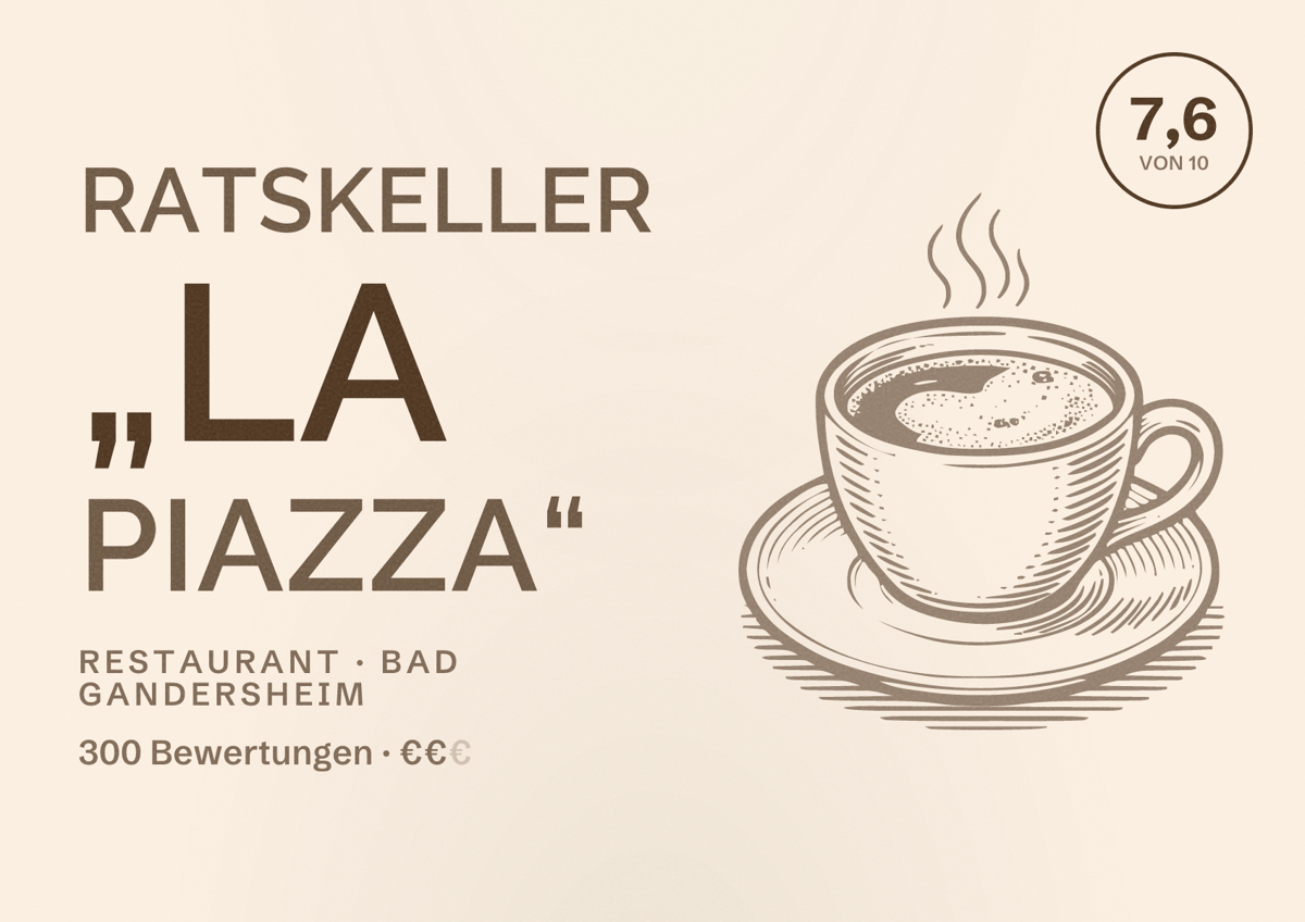 Illustriertes Poster von Ratskeller „La Piazza“, Restaurant in Bad Gandersheim: Bewertung 7,6 von 10 aus 300 Bewertungen, Preisniveau €€