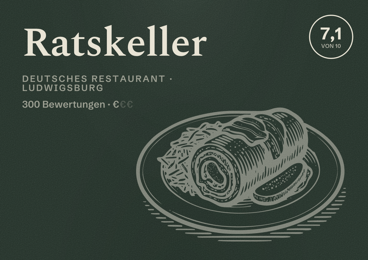 Illustriertes Poster von Ratskeller, Deutsches Restaurant in Ludwigsburg: Bewertung 7,1 von 10 aus 300 Bewertungen, Preisniveau €