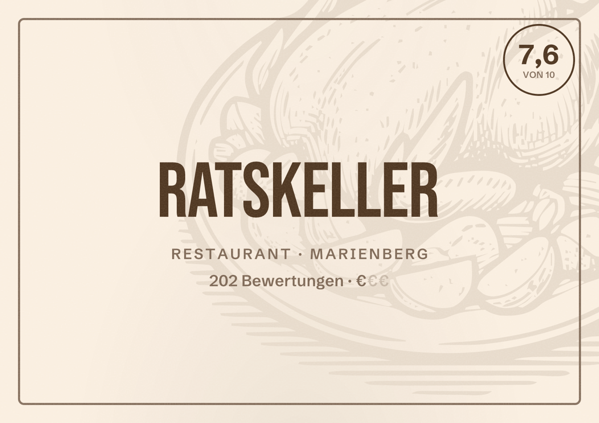 Illustriertes Poster von Ratskeller, Restaurant in Marienberg: Bewertung 7,6 von 10 aus 202 Bewertungen, Preisniveau €