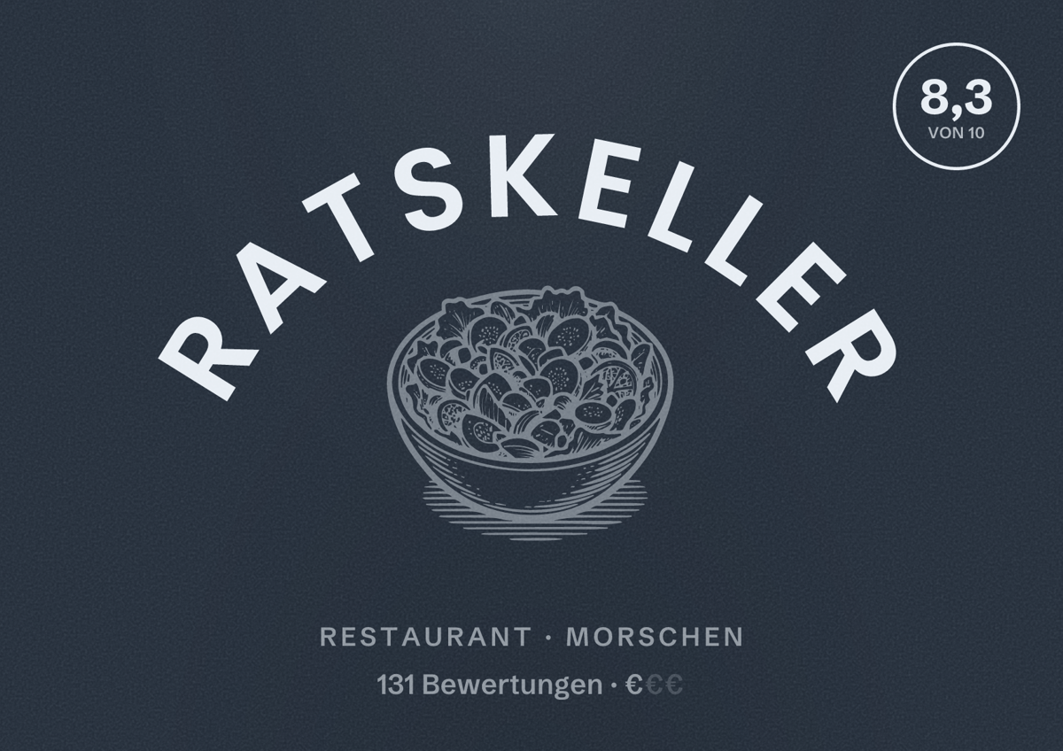 Illustriertes Poster von Ratskeller, Restaurant in Morschen: Bewertung 8,3 von 10 aus 131 Bewertungen, Preisniveau €