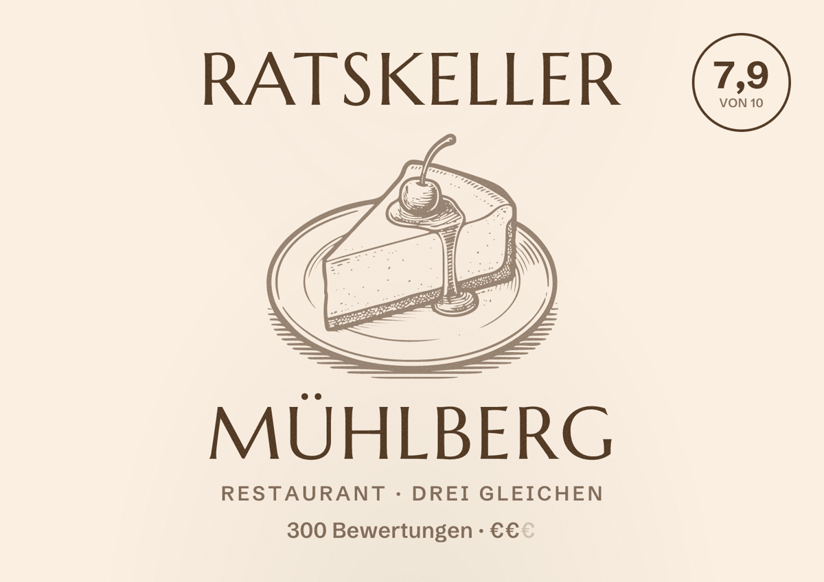 Illustriertes Poster von Ratskeller Mühlberg, Restaurant in Drei Gleichen: Bewertung 7,9 von 10 aus 300 Bewertungen, Preisniveau €€