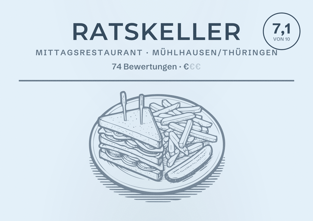 Illustriertes Poster von Ratskeller, Mittagsrestaurant in Mühlhausen/Thüringen: Bewertung 7,1 von 10 aus 74 Bewertungen, Preisniveau €