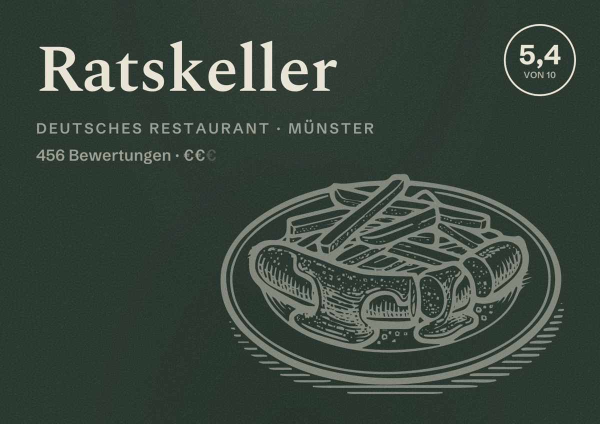 Illustriertes Poster von Ratskeller, Deutsches Restaurant in Münster: Bewertung 5,4 von 10 aus 456 Bewertungen, Preisniveau €€