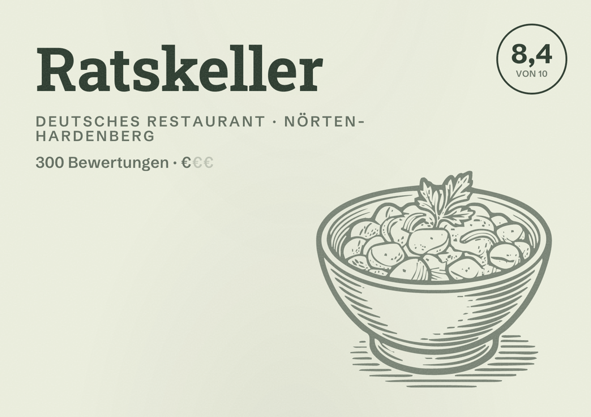 Illustriertes Poster von Ratskeller, Deutsches Restaurant in Nörten-Hardenberg: Bewertung 8,4 von 10 aus 300 Bewertungen, Preisniveau €