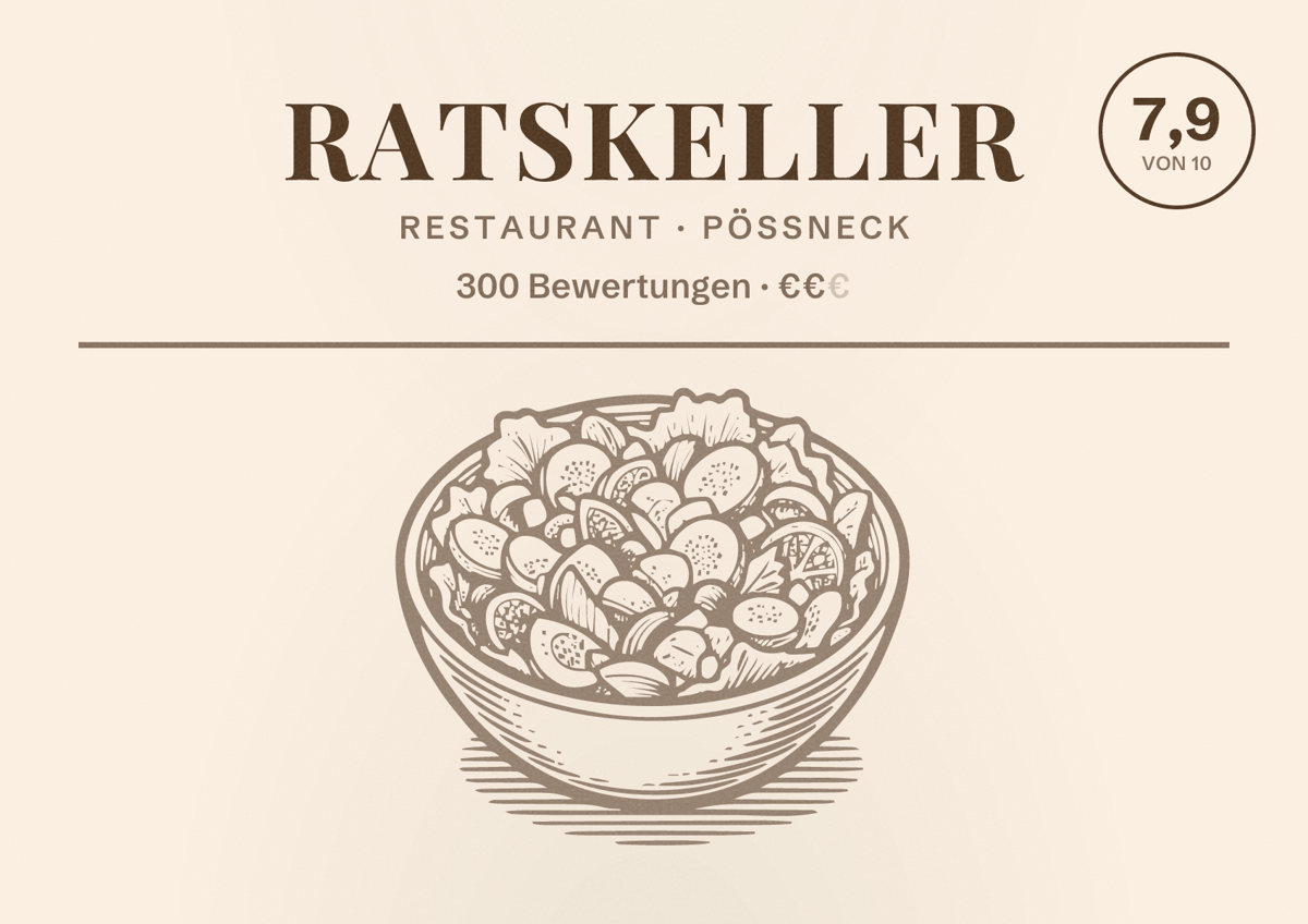 Illustriertes Poster von Ratskeller, Restaurant in Pößneck: Bewertung 7,9 von 10 aus 300 Bewertungen, Preisniveau €€