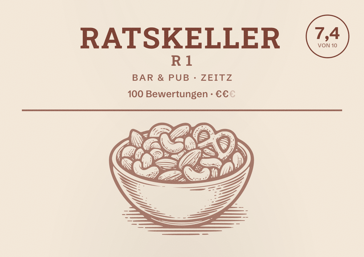 Illustriertes Poster von Ratskeller R 1, Bar & Pub in Zeitz: Bewertung 7,4 von 10 aus 100 Bewertungen, Preisniveau €€