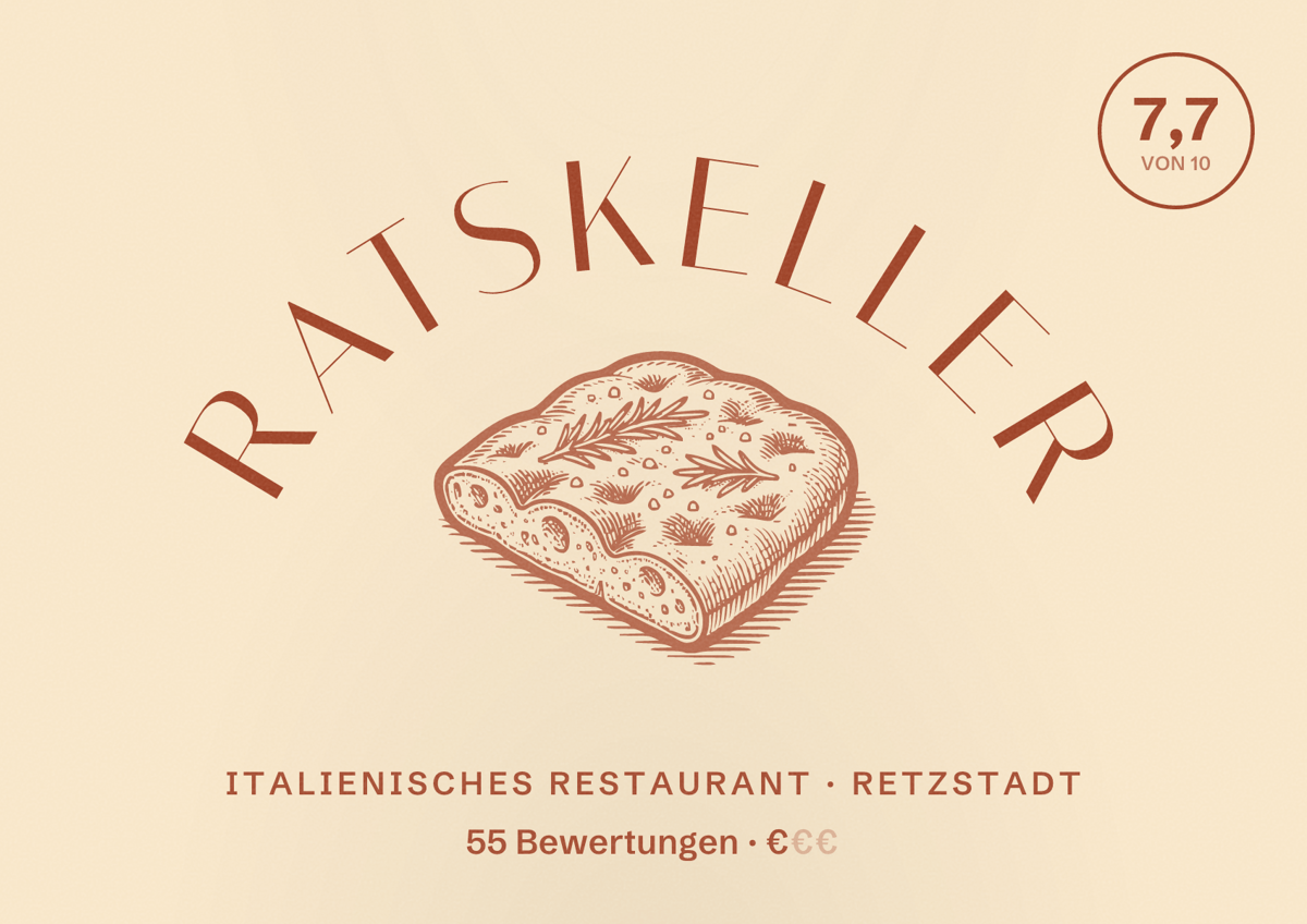 Illustriertes Poster von Ratskeller, Italienisches Restaurant in Retzstadt: Bewertung 7,7 von 10 aus 55 Bewertungen, Preisniveau €