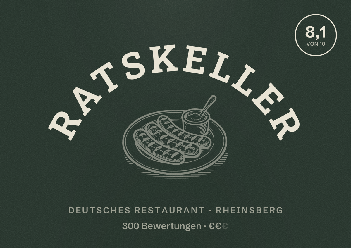 Illustriertes Poster von Ratskeller, Deutsches Restaurant in Rheinsberg: Bewertung 8,1 von 10 aus 300 Bewertungen, Preisniveau €€