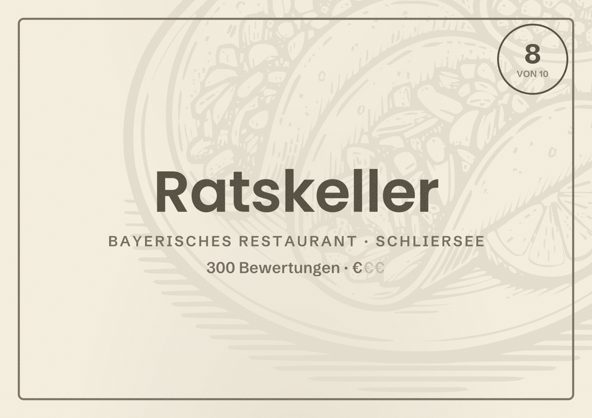Illustriertes Poster von Ratskeller, Bayerisches Restaurant in Schliersee: Bewertung 8 von 10 aus 300 Bewertungen, Preisniveau €