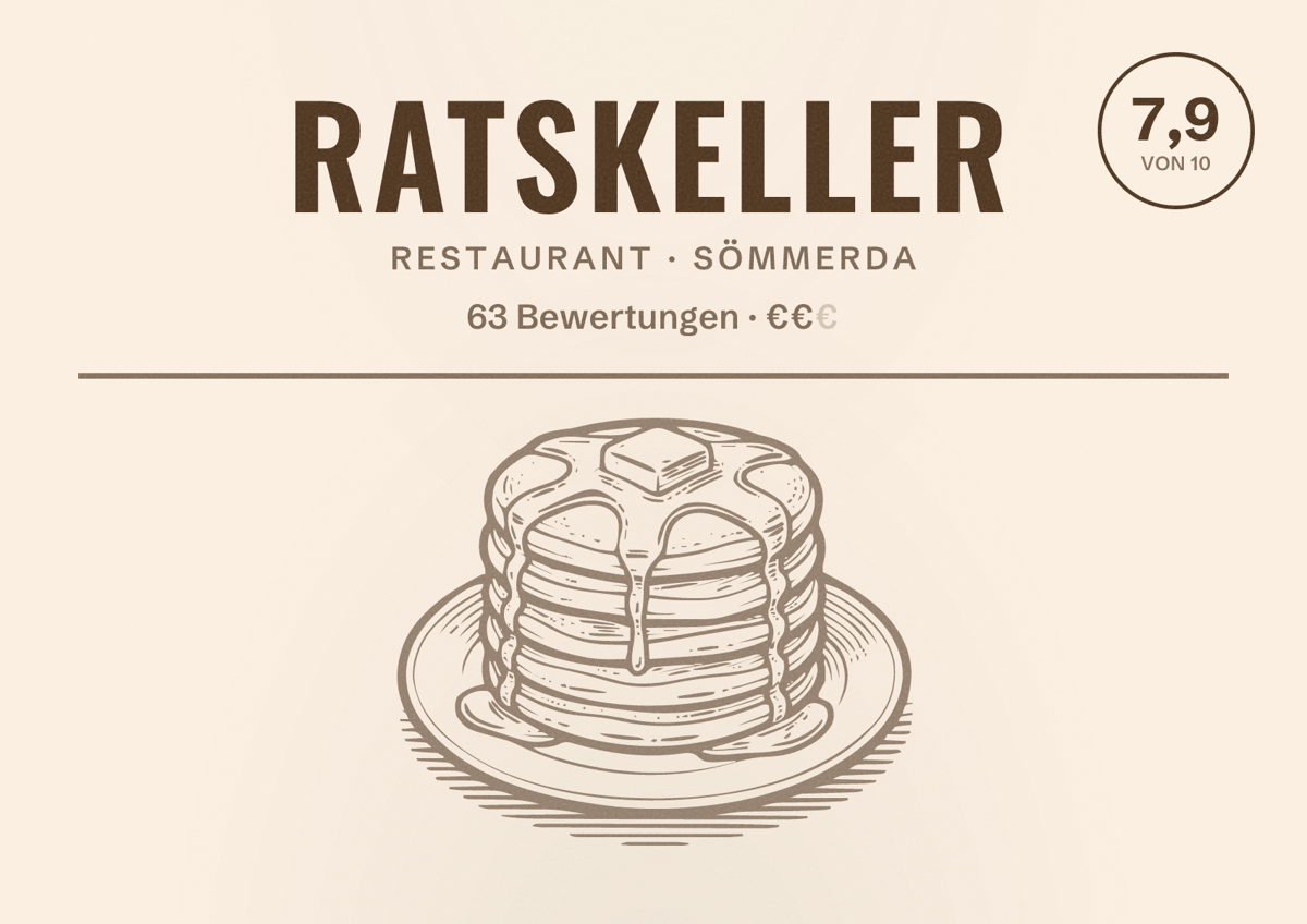 Illustriertes Poster von Ratskeller, Restaurant in Sömmerda: Bewertung 7,9 von 10 aus 63 Bewertungen, Preisniveau €€