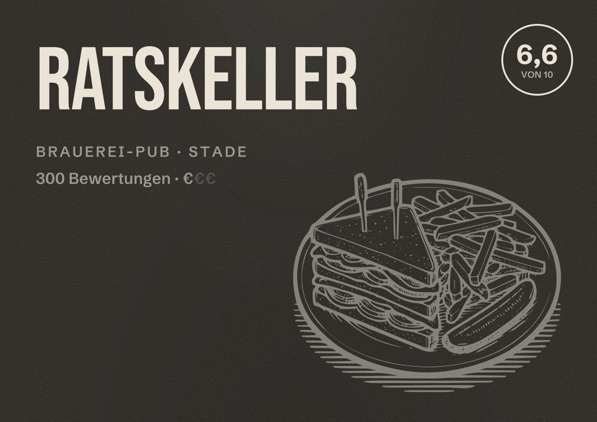 Illustriertes Poster von Ratskeller, Brauerei-Pub in Stade: Bewertung 6,6 von 10 aus 300 Bewertungen, Preisniveau €