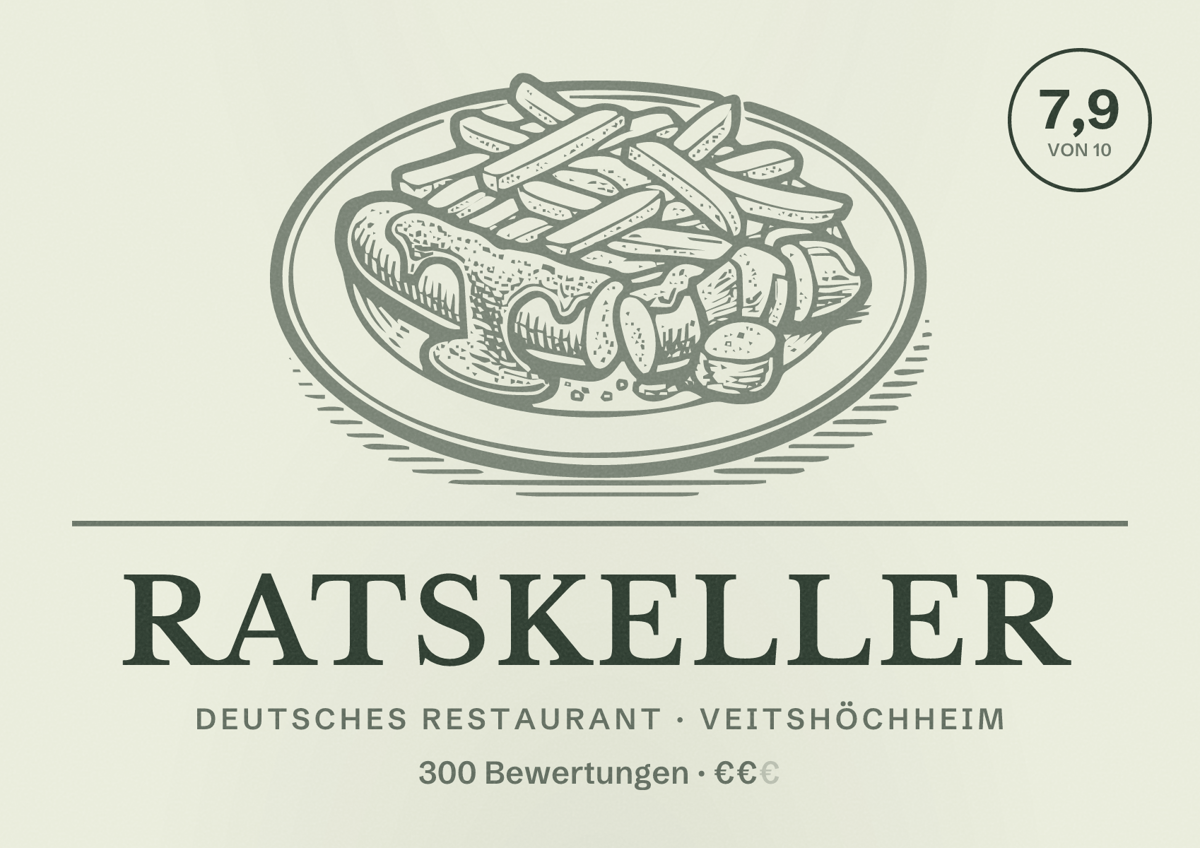 Illustriertes Poster von Ratskeller, Deutsches Restaurant in Veitshöchheim: Bewertung 7,9 von 10 aus 300 Bewertungen, Preisniveau €€