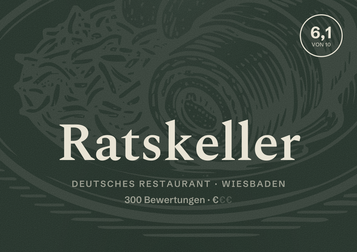 Illustriertes Poster von Ratskeller, Deutsches Restaurant in Wiesbaden: Bewertung 6,1 von 10 aus 300 Bewertungen, Preisniveau €