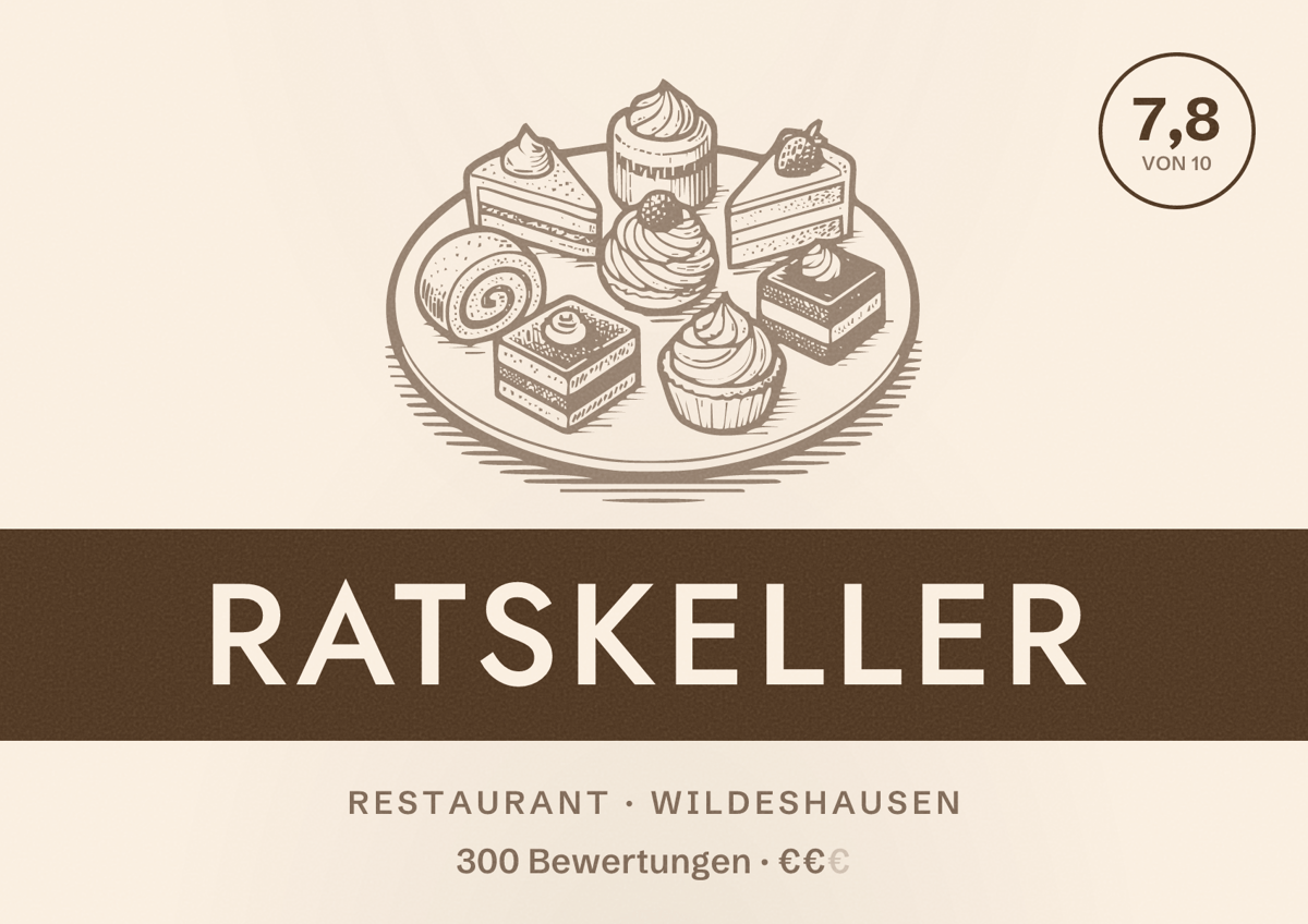Illustriertes Poster von Ratskeller, Restaurant in Wildeshausen: Bewertung 7,8 von 10 aus 300 Bewertungen, Preisniveau €€