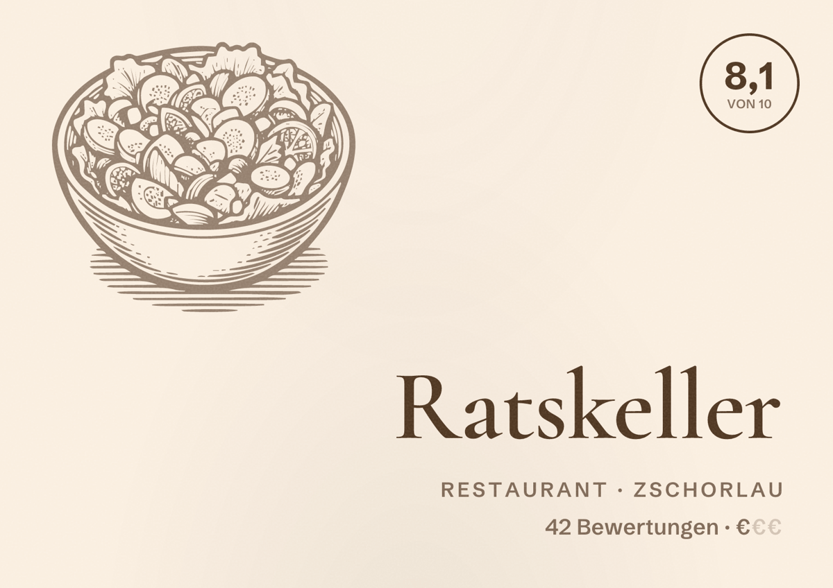 Illustriertes Poster von Ratskeller, Restaurant in Zschorlau: Bewertung 8,1 von 10 aus 42 Bewertungen, Preisniveau €