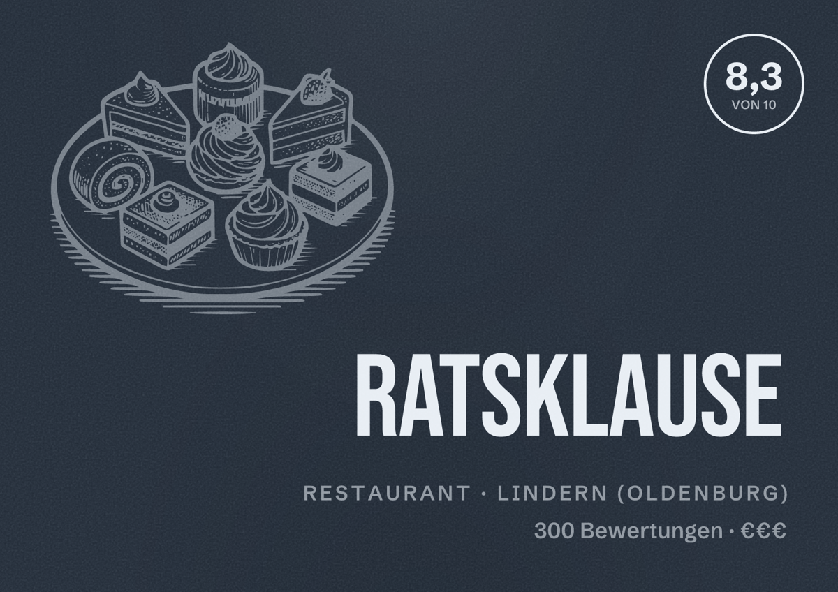 Illustriertes Poster von Ratsklause, Restaurant in Lindern (Oldenburg): Bewertung 8,3 von 10 aus 300 Bewertungen, Preisniveau €€€