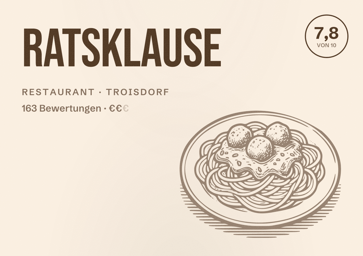 Illustriertes Poster von Ratsklause, Restaurant in Troisdorf: Bewertung 7,8 von 10 aus 163 Bewertungen, Preisniveau €€