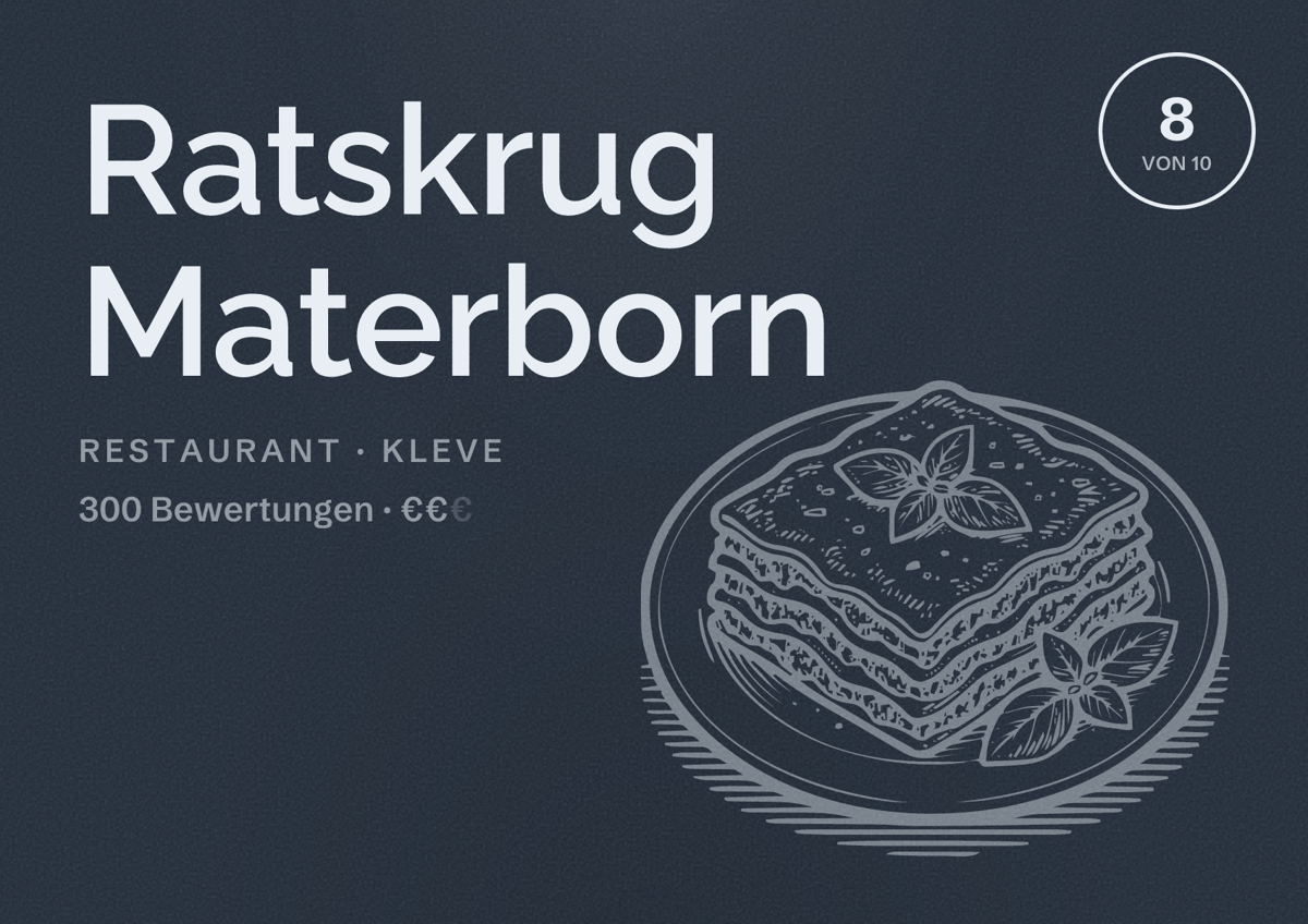 Illustriertes Poster von Ratskrug Materborn, Restaurant in Kleve: Bewertung 8 von 10 aus 300 Bewertungen, Preisniveau €€