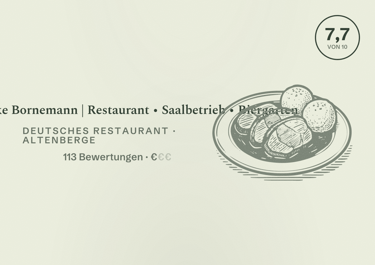 Illustriertes Poster von Ratsschänke Bornemann | Restaurant • Saalbetrieb • Biergarten, Deutsches Restaurant in Altenberge: Bewertung 7,7 von 10 aus 113 Bewertungen, Preisniveau €
