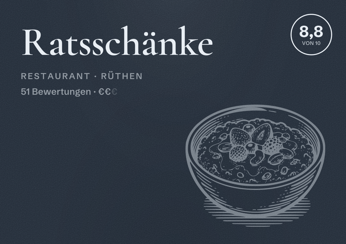 Illustriertes Poster von Ratsschänke, Restaurant in Rüthen: Bewertung 8,8 von 10 aus 51 Bewertungen, Preisniveau €€
