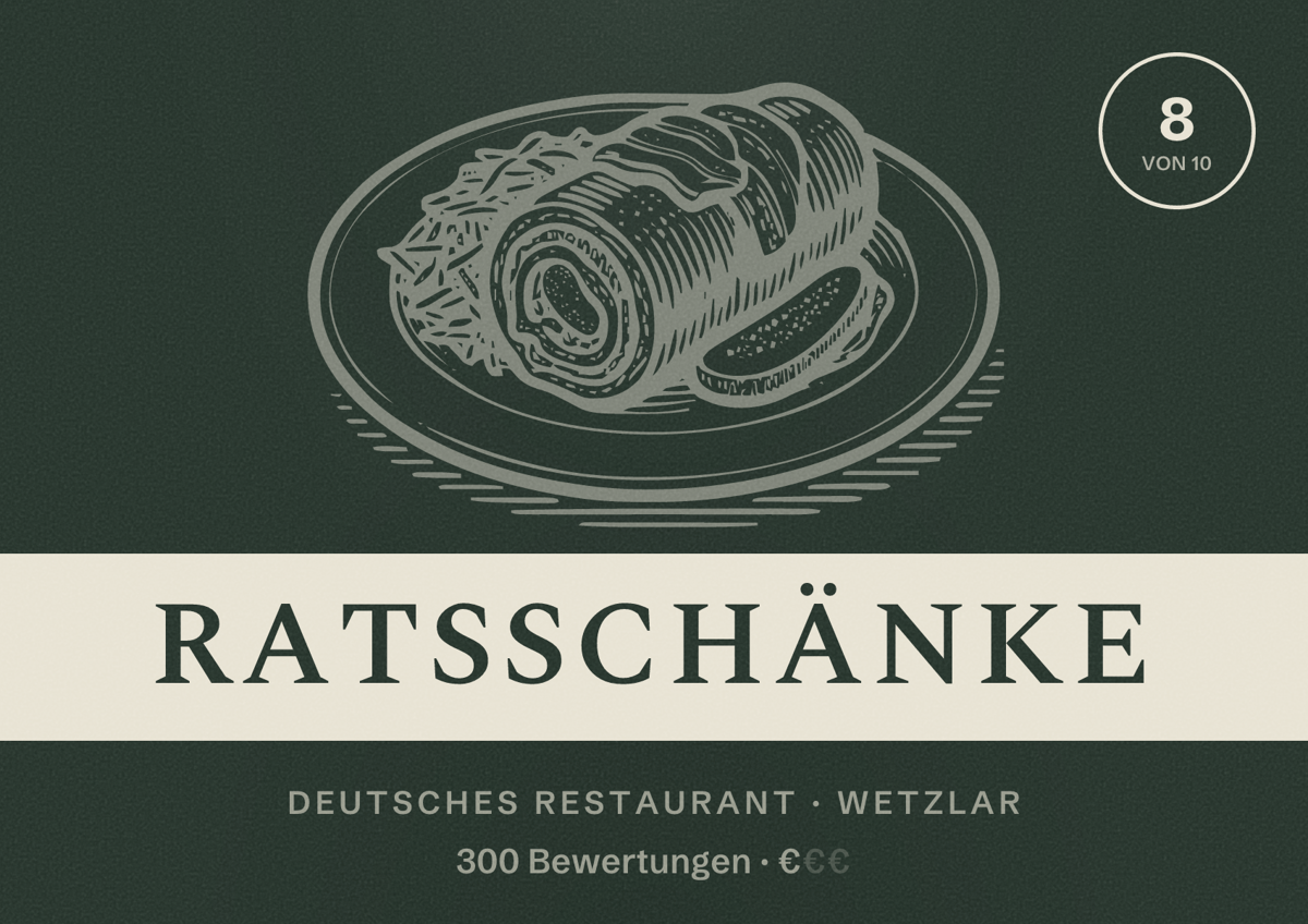 Illustriertes Poster von Ratsschänke, Deutsches Restaurant in Wetzlar: Bewertung 8 von 10 aus 300 Bewertungen, Preisniveau €