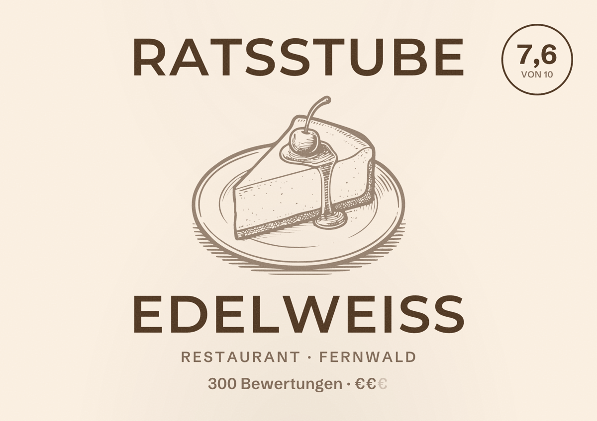 Illustriertes Poster von Ratsstube Edelweiss, Restaurant in Fernwald: Bewertung 7,6 von 10 aus 300 Bewertungen, Preisniveau €€
