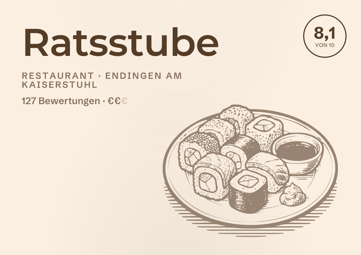 Illustriertes Poster von Ratsstube, Restaurant in Endingen am Kaiserstuhl: Bewertung 8,1 von 10 aus 127 Bewertungen, Preisniveau €€