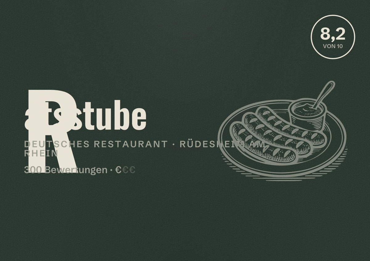 Illustriertes Poster von Ratsstube, Deutsches Restaurant in Rüdesheim am Rhein: Bewertung 8,2 von 10 aus 300 Bewertungen, Preisniveau €