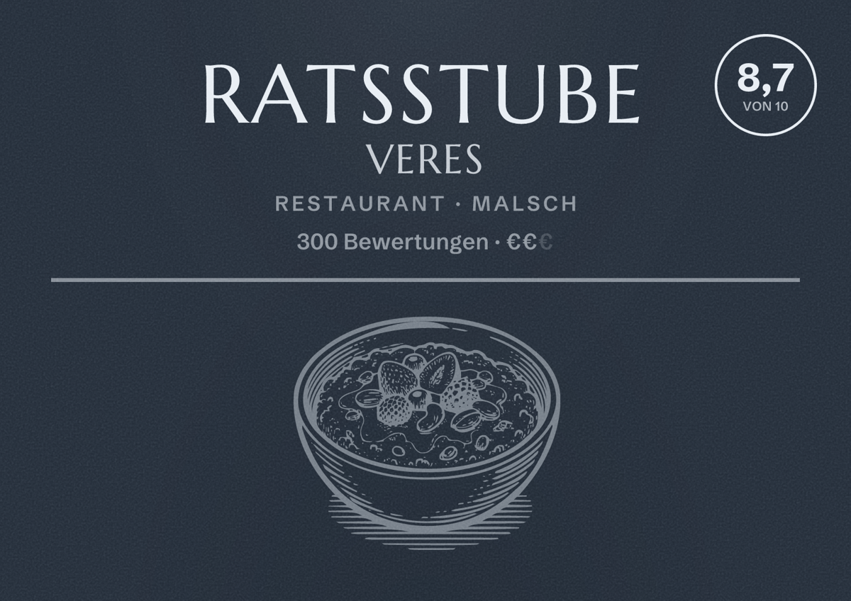 Illustriertes Poster von Ratsstube Veres, Restaurant in Malsch: Bewertung 8,7 von 10 aus 300 Bewertungen, Preisniveau €€